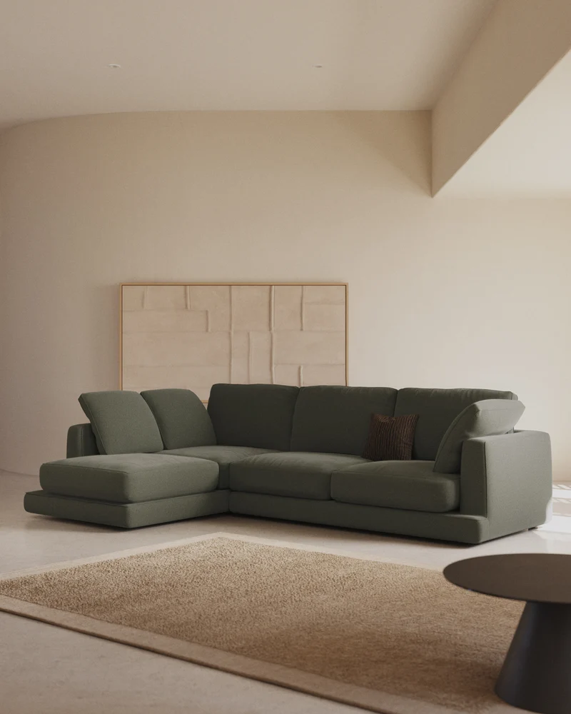 Gala 4-Sitzer-Sofa mit Chaiselongue links aus dunkelgrüner Chenille FSC Mix Credit 300 cm