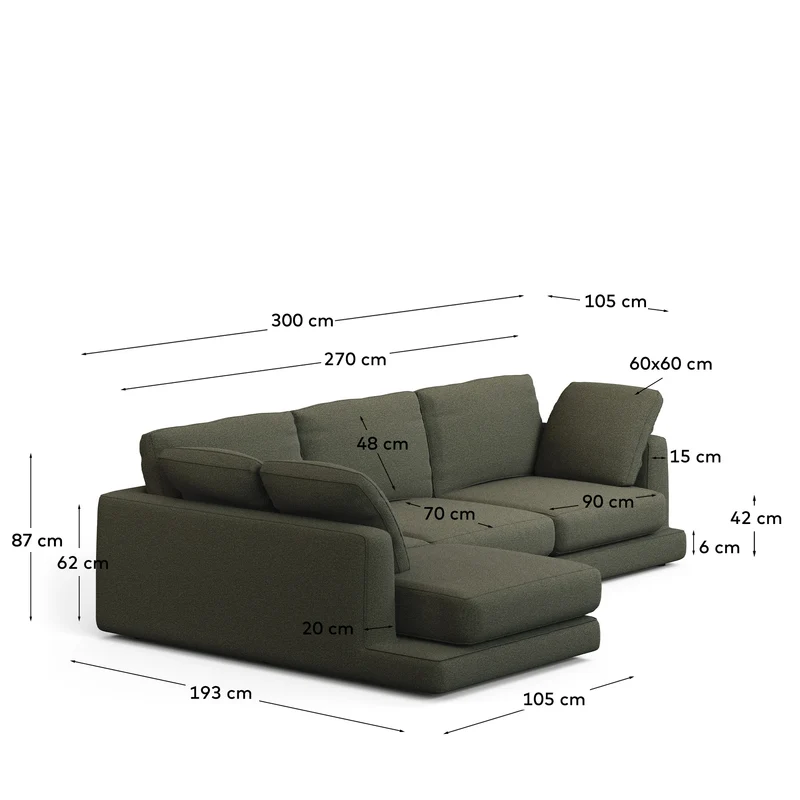 Gala 4-Sitzer-Sofa mit Chaiselongue links aus dunkelgrüner Chenille FSC Mix Credit 300 cm