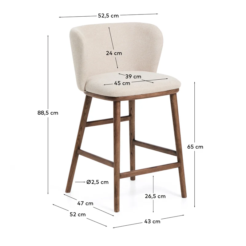 Hocker Ciselia in beiger Chenille mit Beinen aus massivem Eschenholz mit walnussholzfarben