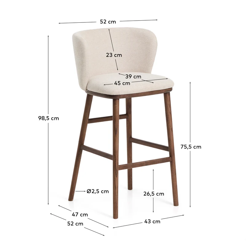 Hocker Ciselia in beiger Chenille mit Beinen aus massivem Eschenholz mit walnussholzfarben