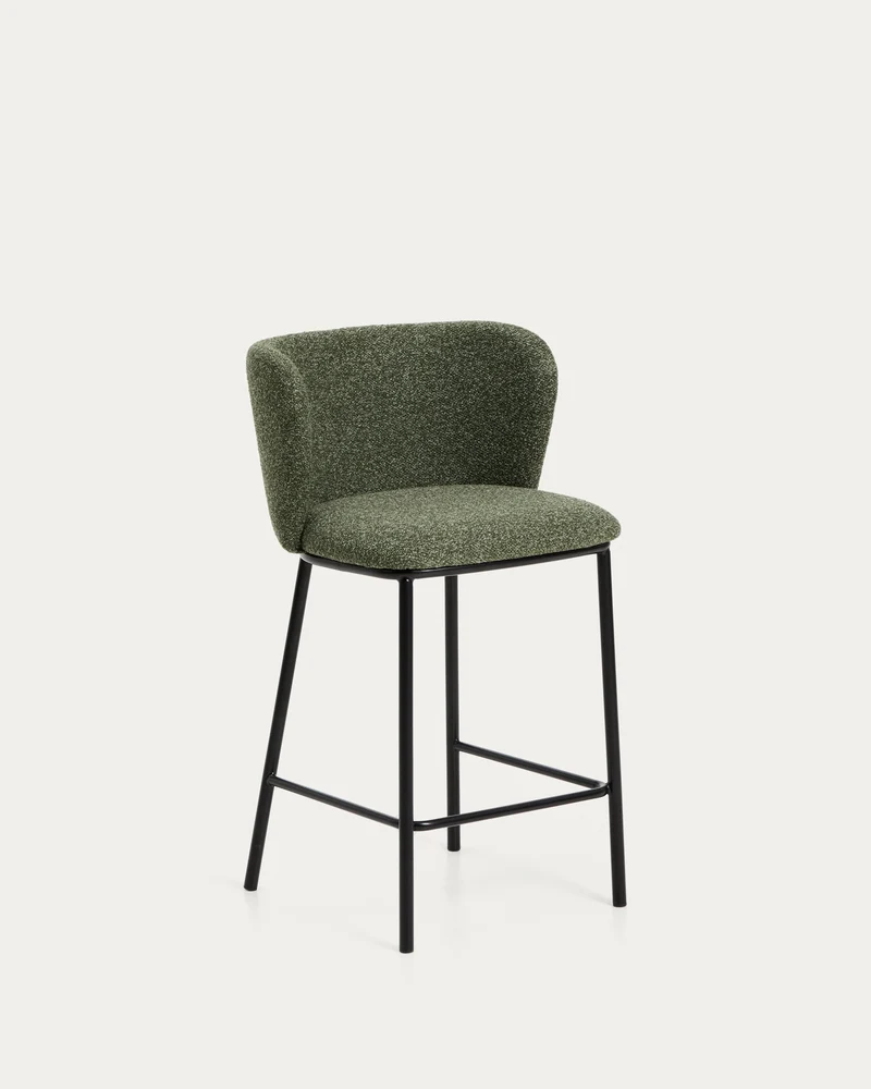 Hocker Ciselia in dicker, dunkelgrüner Chenille mit Stahlbeinen mit schwarzem Finish, FSC