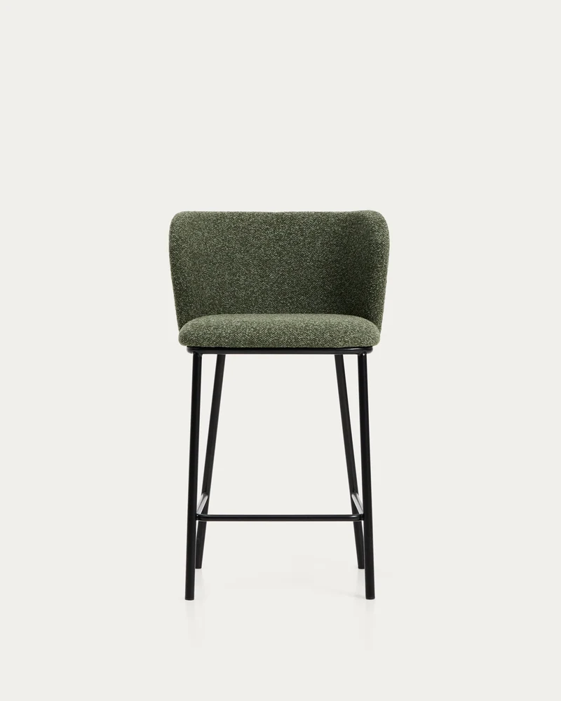 Hocker Ciselia in dicker, dunkelgrüner Chenille mit Stahlbeinen mit schwarzem Finish, FSC