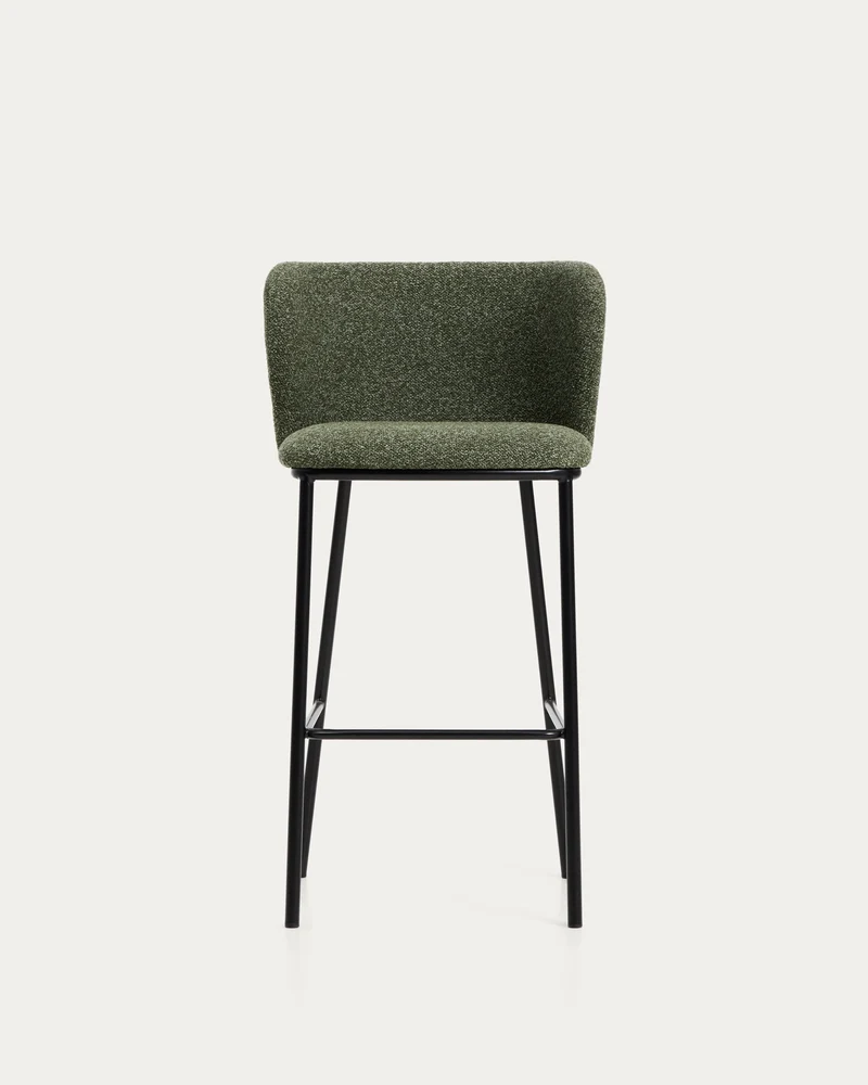 Hocker Ciselia in dicker, dunkelgrüner Chenille mit Stahlbeinen mit schwarzem Finish, FSC