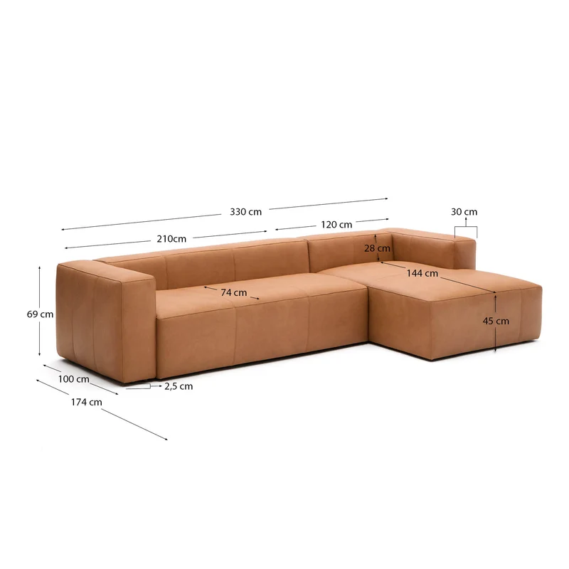 Sofa Blok aus braunem Leder 4-Sitzer Chaiselongue rechts aus Leder 330 cm