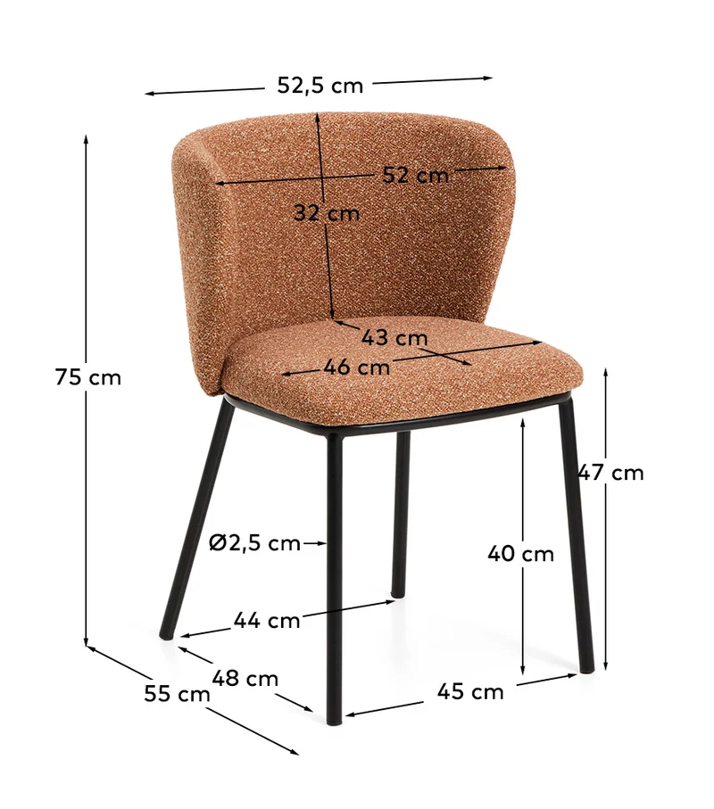 Stuhl Ciselia in dicker, terrakottafarbener Chenille mit Stahlbeinen mit schwarzem Finish,