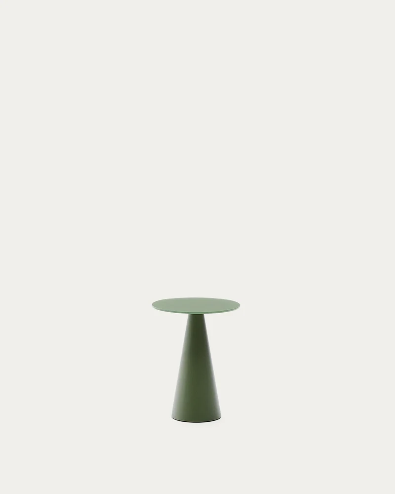 Wilshire Beistelltisch aus glasiertem gehärteten Glas und Stahl matt grün lackiert Ø30 cm