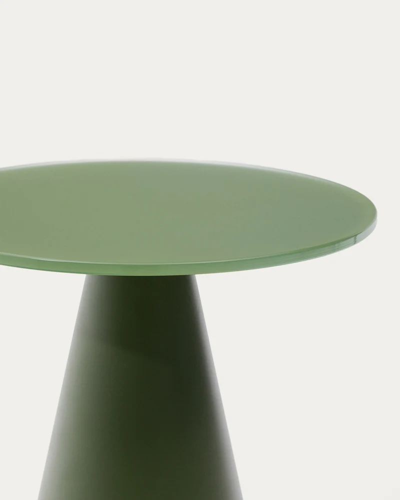 Wilshire Beistelltisch aus glasiertem gehärteten Glas und Stahl matt grün lackiert Ø30 cm