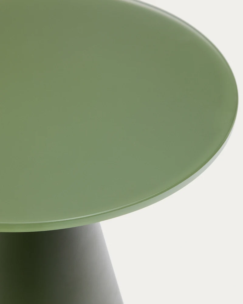 Wilshire Beistelltisch aus glasiertem gehärteten Glas und Stahl matt grün lackiert Ø30 cm