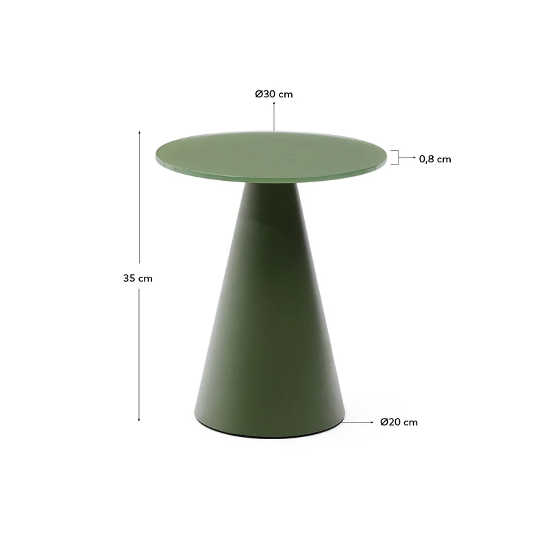 Wilshire Beistelltisch aus glasiertem gehärteten Glas und Stahl matt grün lackiert Ø30 cm