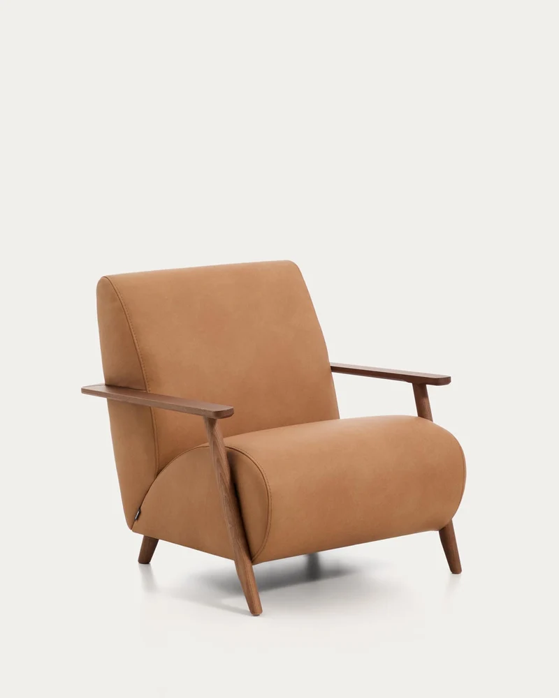 Sessel Meghan in braunem Leder mit massivem Eschenholz mit nussbaumfarbenem Finish, FSC Mi