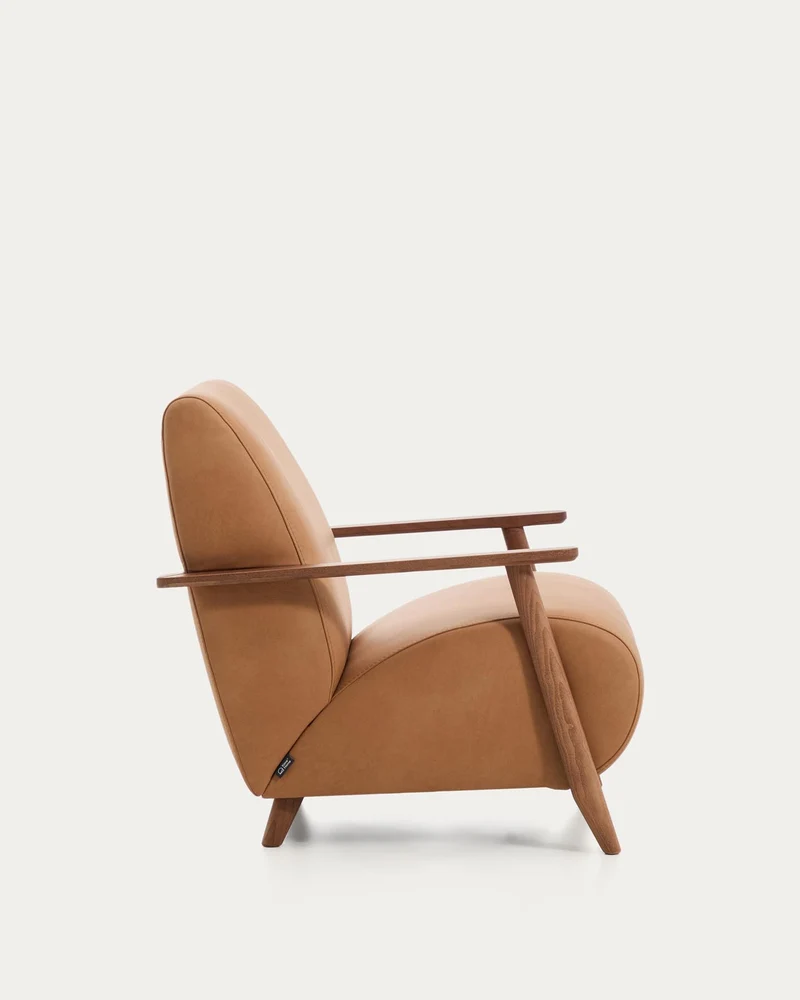 Sessel Meghan in braunem Leder mit massivem Eschenholz mit nussbaumfarbenem Finish, FSC Mi