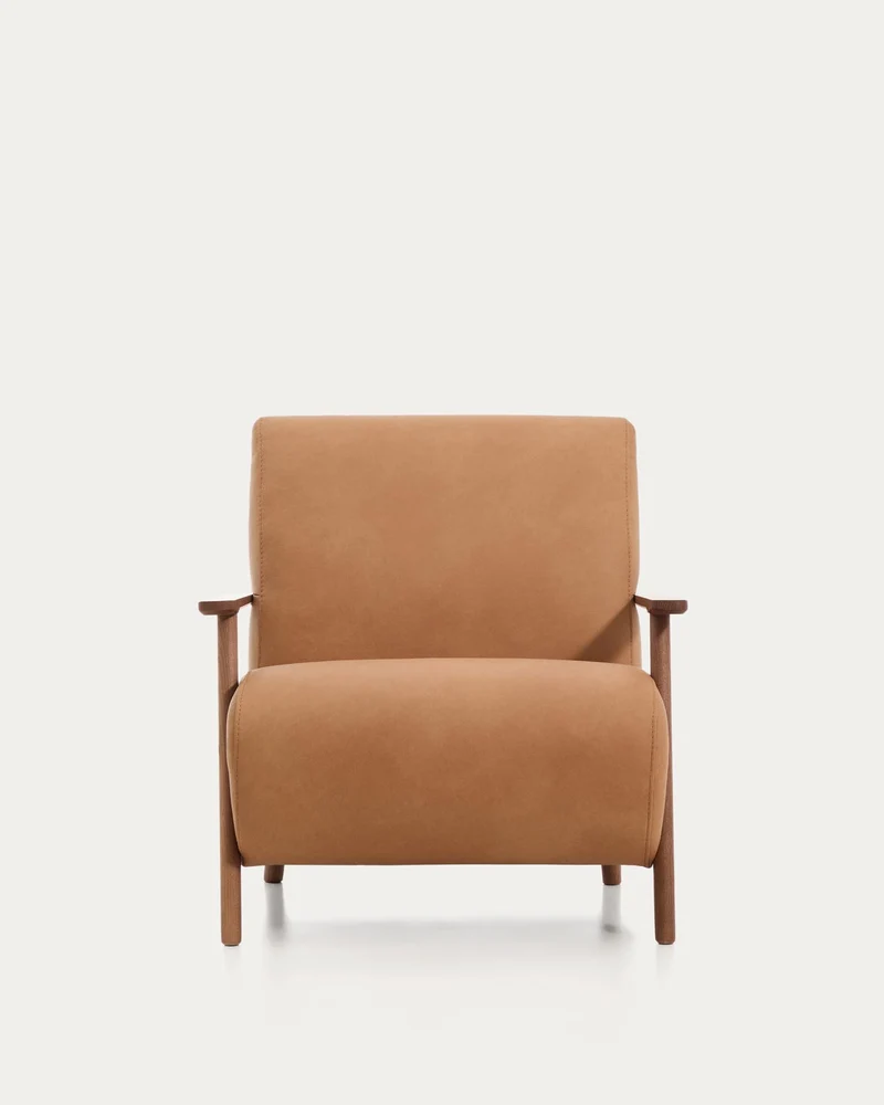 Sessel Meghan in braunem Leder mit massivem Eschenholz mit nussbaumfarbenem Finish, FSC Mi