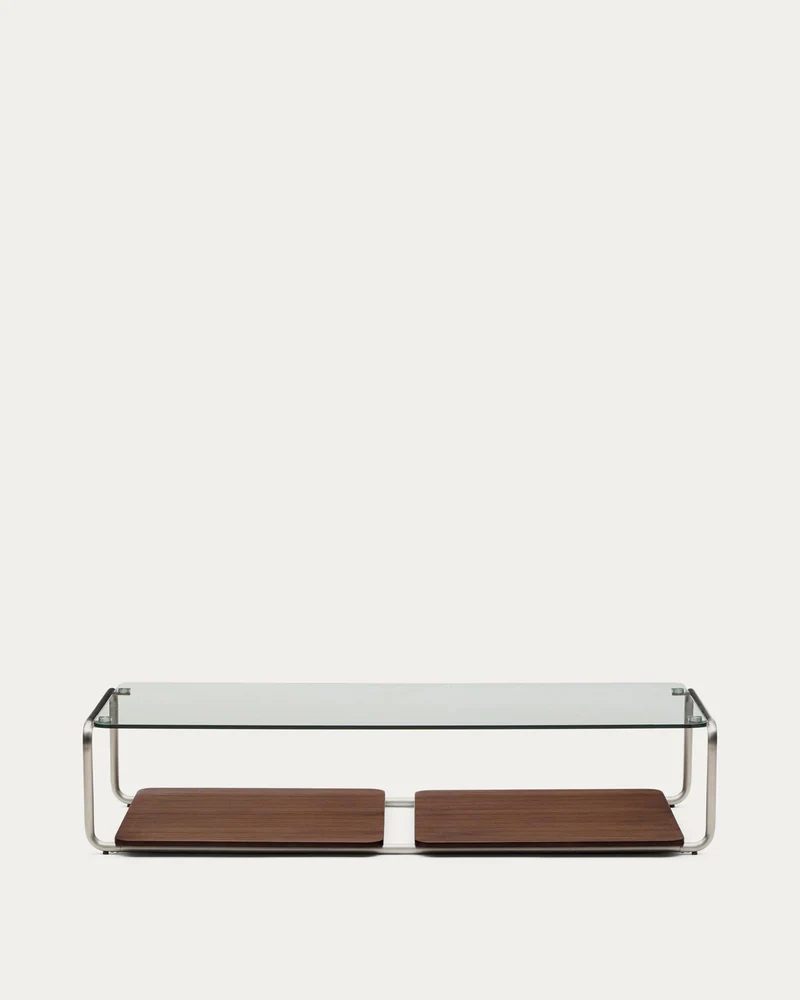 Couchtisch Tarsel aus gehärtetem Glas sowie Platte aus Nussbaumfurnier mit Gestell aus geb