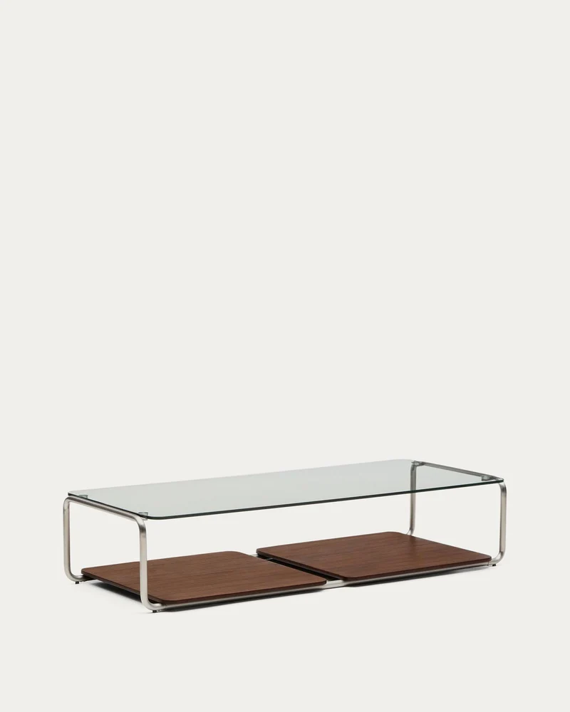Couchtisch Tarsel aus gehärtetem Glas sowie Platte aus Nussbaumfurnier mit Gestell aus geb