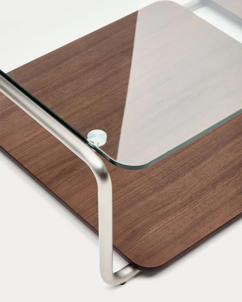 Couchtisch Tarsel aus gehärtetem Glas sowie Platte aus Nussbaumfurnier mit Gestell aus geb