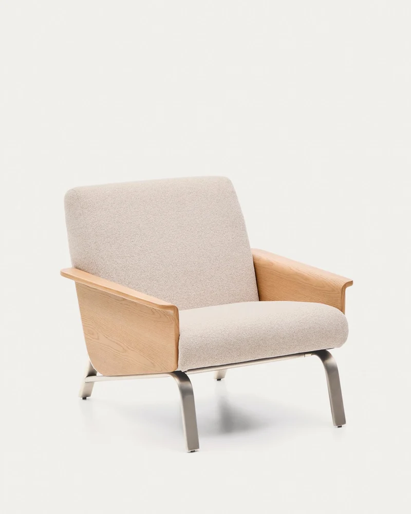 Sessel Amsen in Beige aus Eichensperrholz mit Beinen aus em gebürsteten Edelstahl