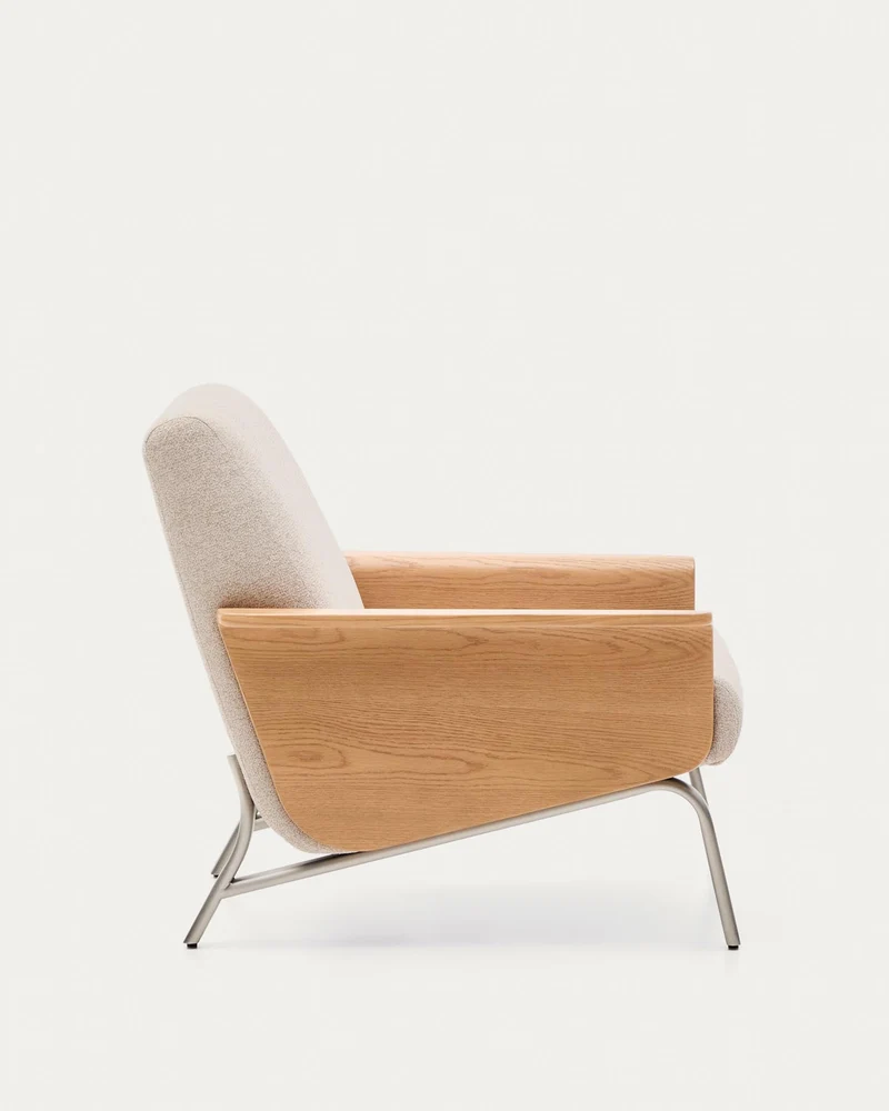 Sessel Amsen in Beige aus Eichensperrholz mit Beinen aus em gebürsteten Edelstahl