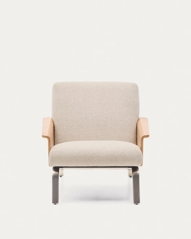 Sessel Amsen in Beige aus Eichensperrholz mit Beinen aus em gebürsteten Edelstahl