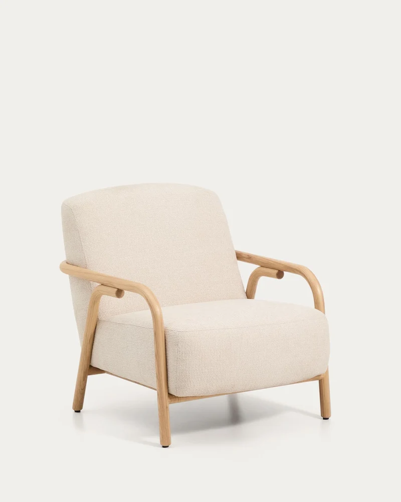 Sessel Sylo aus beiger Chenille und massivem Eschenholz mit naturfarbenem Finish, FSC 100