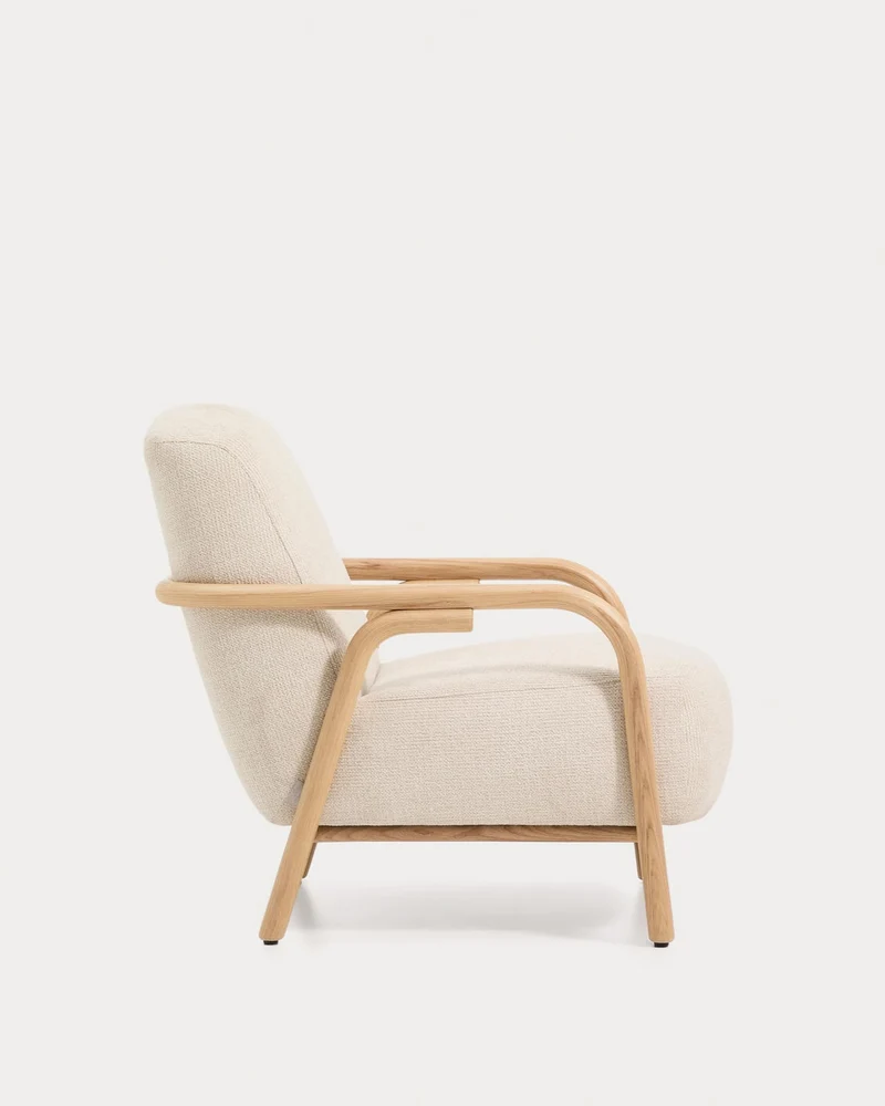 Sessel Sylo aus beiger Chenille und massivem Eschenholz mit naturfarbenem Finish, FSC 100