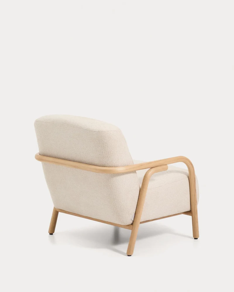 Sessel Sylo aus beiger Chenille und massivem Eschenholz mit naturfarbenem Finish, FSC 100