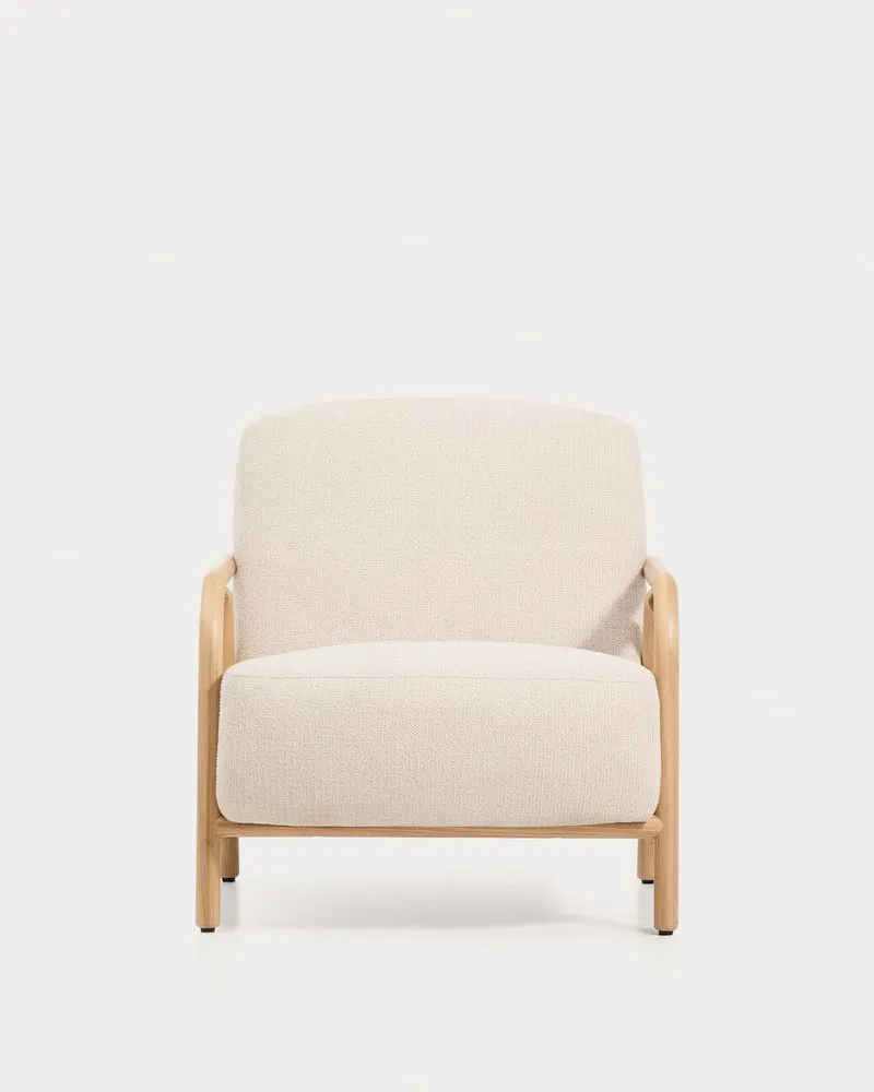 Sessel Sylo aus beiger Chenille und massivem Eschenholz mit naturfarbenem Finish, FSC 100
