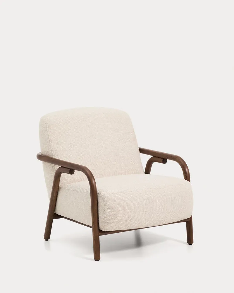 Sessel Sylo aus beiger Chenille und massivem Eschenholz mit nussbaumfarbenem Finish, FSC 1