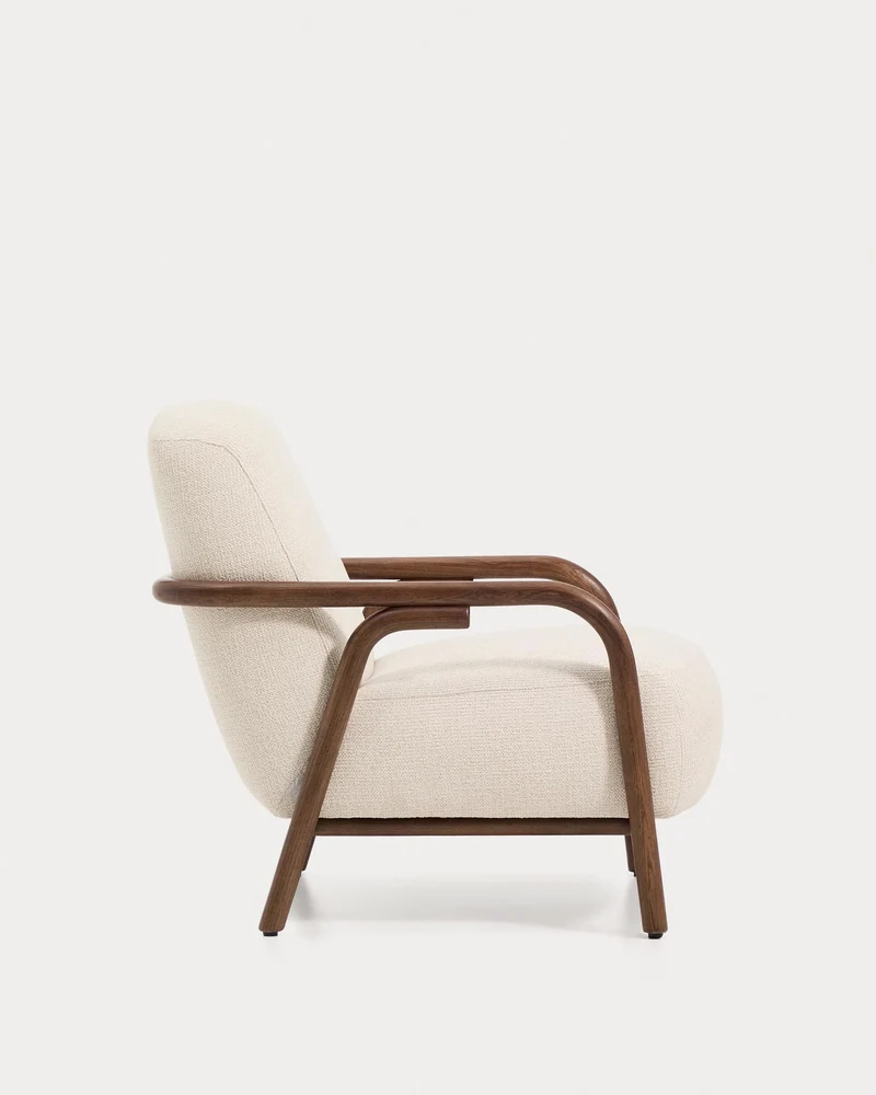 Sessel Sylo aus beiger Chenille und massivem Eschenholz mit nussbaumfarbenem Finish, FSC 1