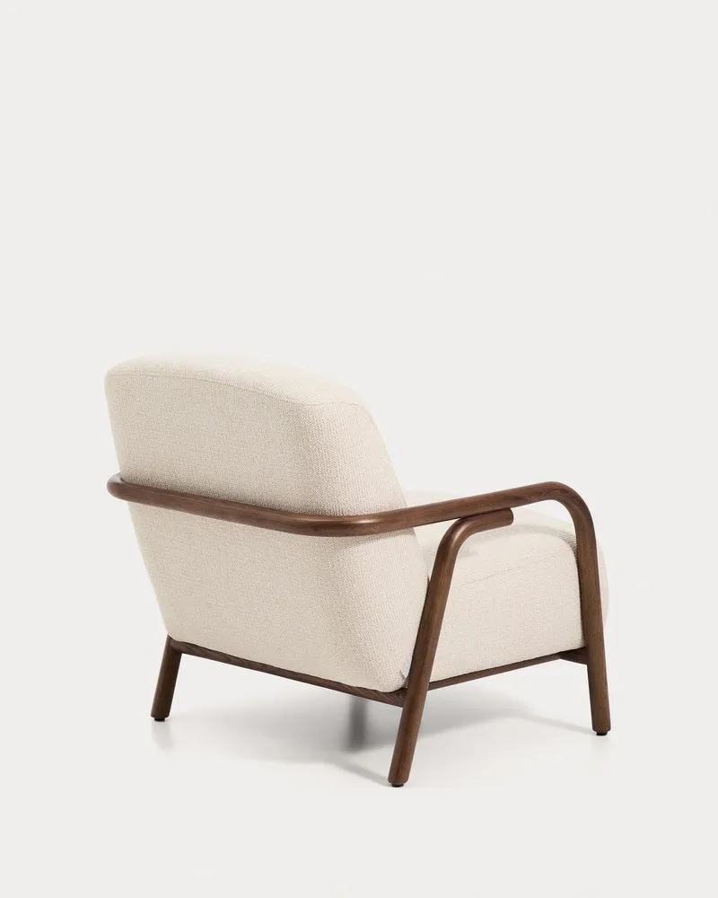 Sessel Sylo aus beiger Chenille und massivem Eschenholz mit nussbaumfarbenem Finish, FSC 1