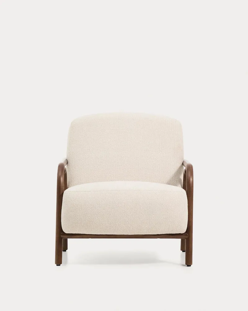 Sessel Sylo aus beiger Chenille und massivem Eschenholz mit nussbaumfarbenem Finish, FSC 1