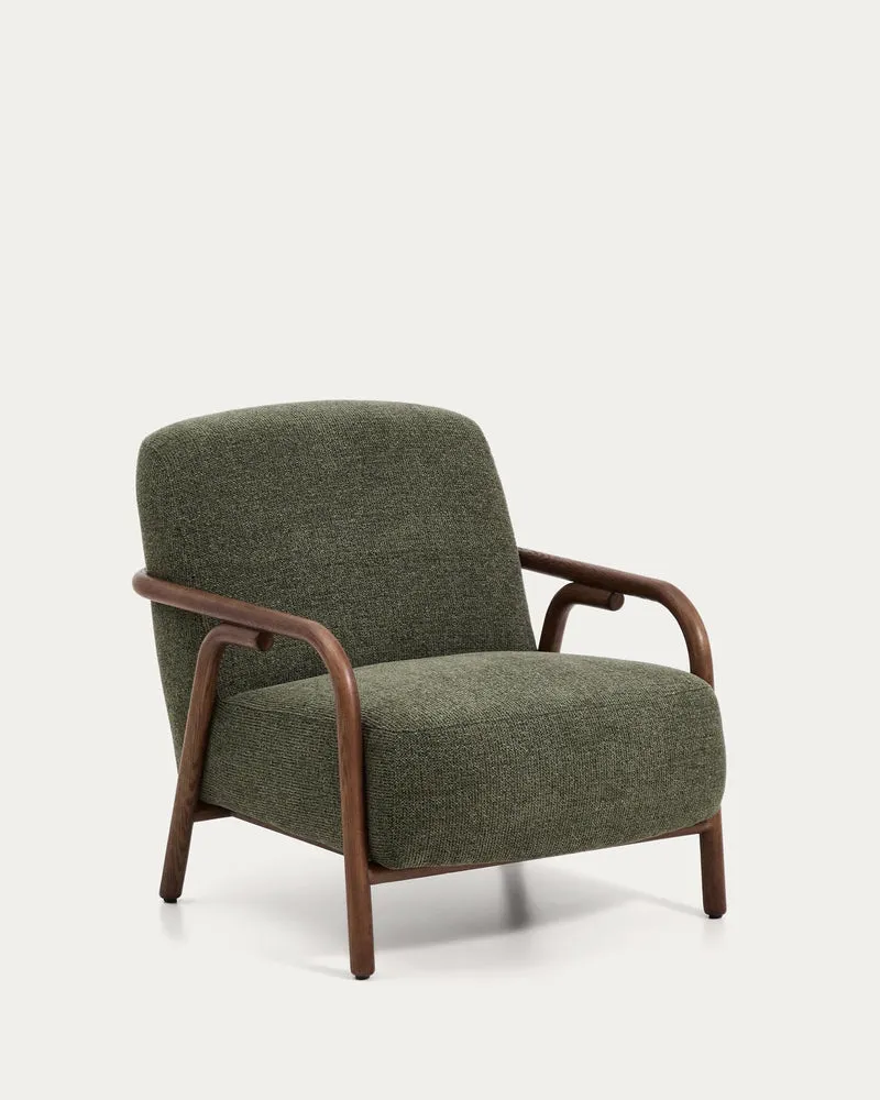 Sessel Sylo aus dunkelgrüner Chenille und massivem Eschenholz mit nussbaumfarbenem Finish,