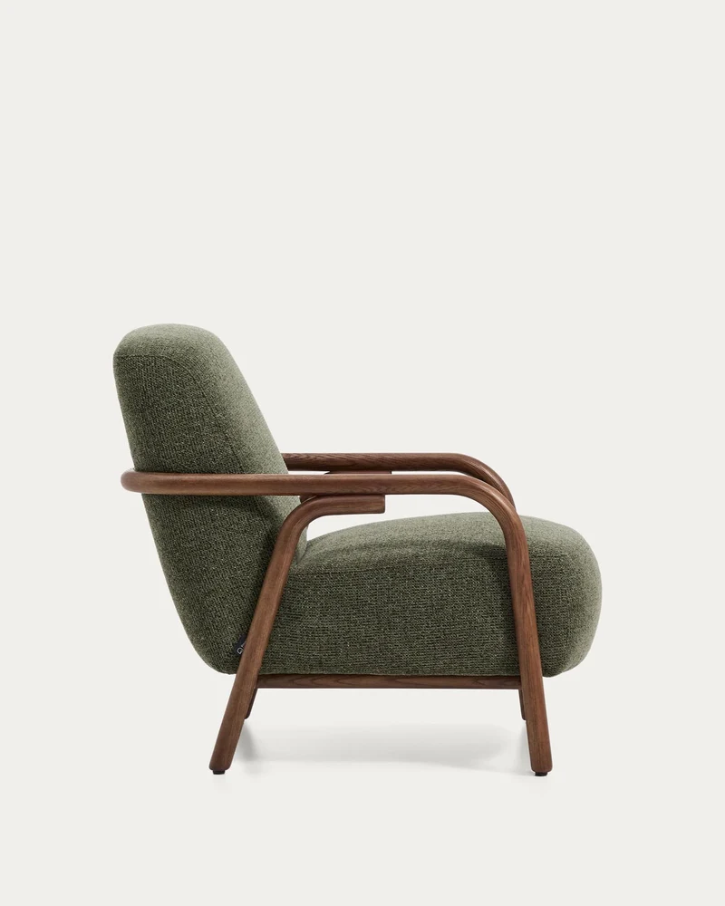 Sessel Sylo aus dunkelgrüner Chenille und massivem Eschenholz mit nussbaumfarbenem Finish,