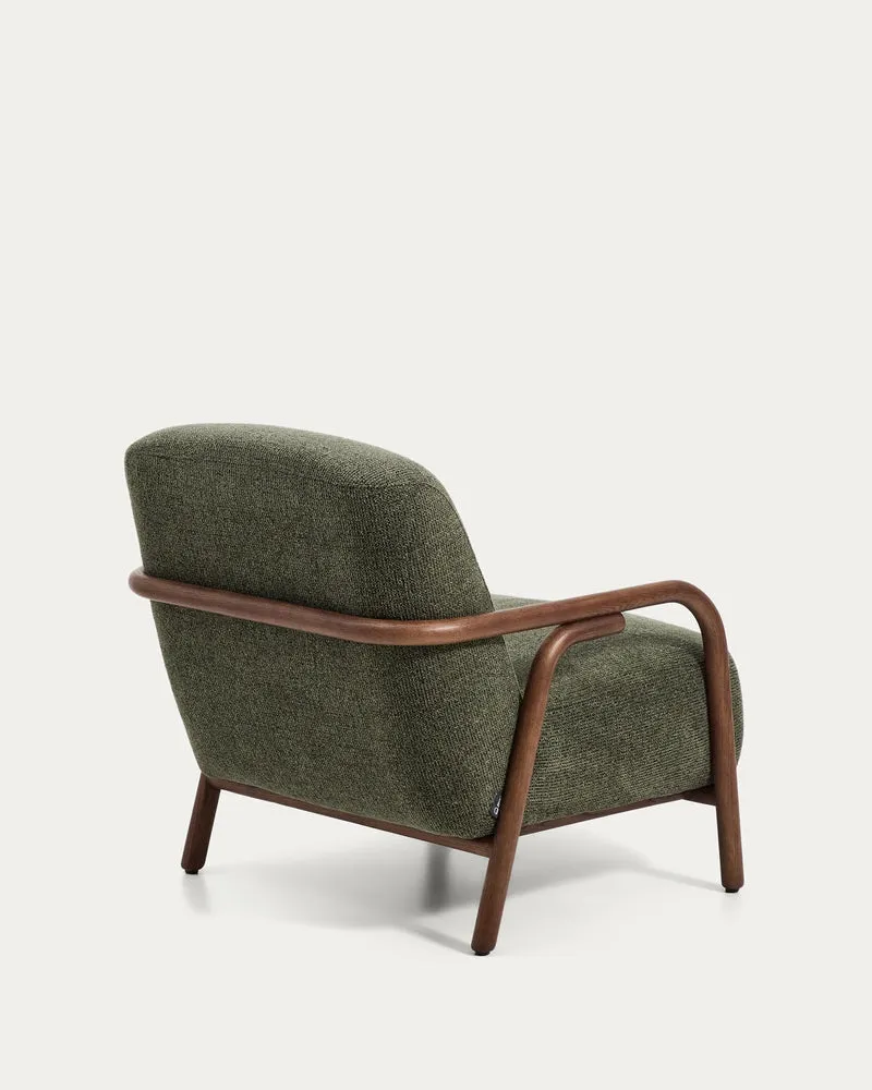 Sessel Sylo aus dunkelgrüner Chenille und massivem Eschenholz mit nussbaumfarbenem Finish,