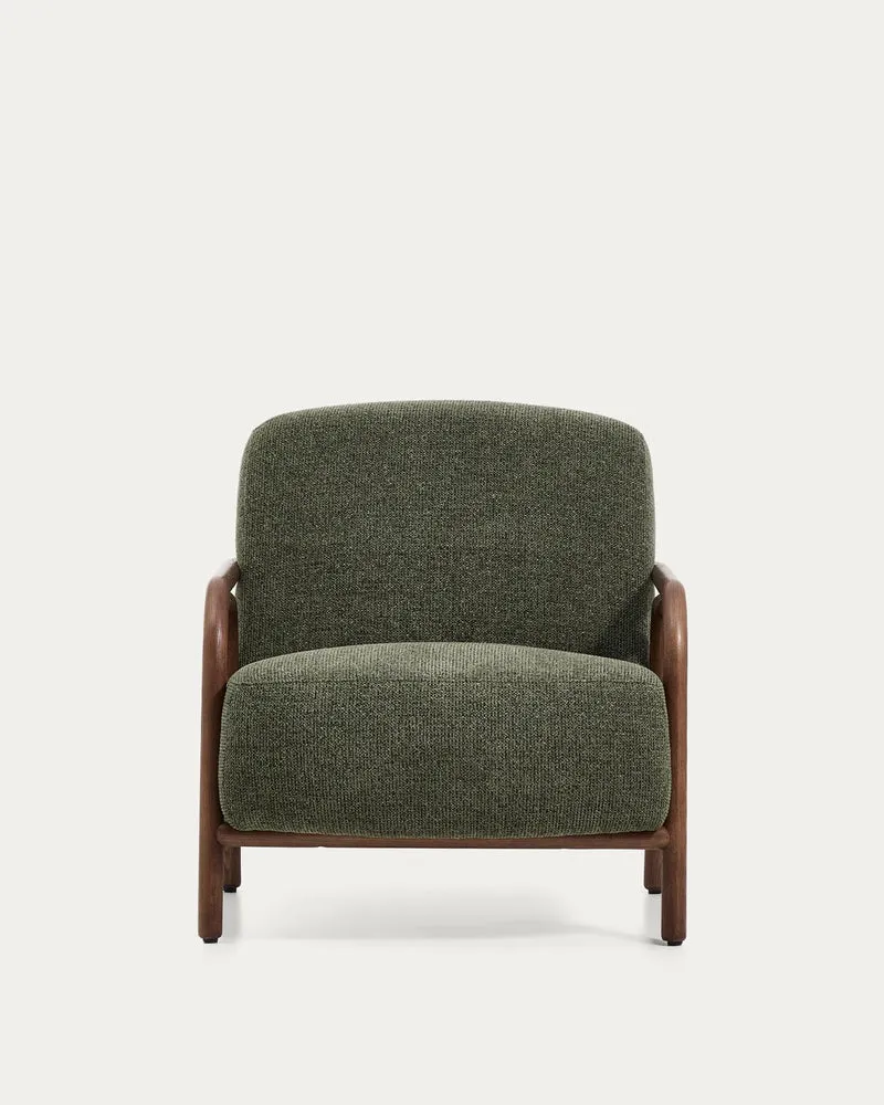 Sessel Sylo aus dunkelgrüner Chenille und massivem Eschenholz mit nussbaumfarbenem Finish,