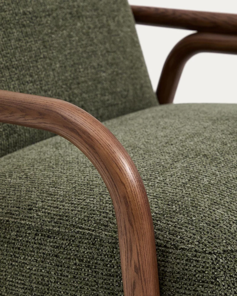 Sessel Sylo aus dunkelgrüner Chenille und massivem Eschenholz mit nussbaumfarbenem Finish,