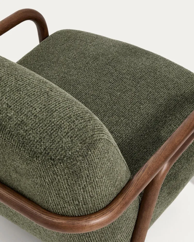 Sessel Sylo aus dunkelgrüner Chenille und massivem Eschenholz mit nussbaumfarbenem Finish,