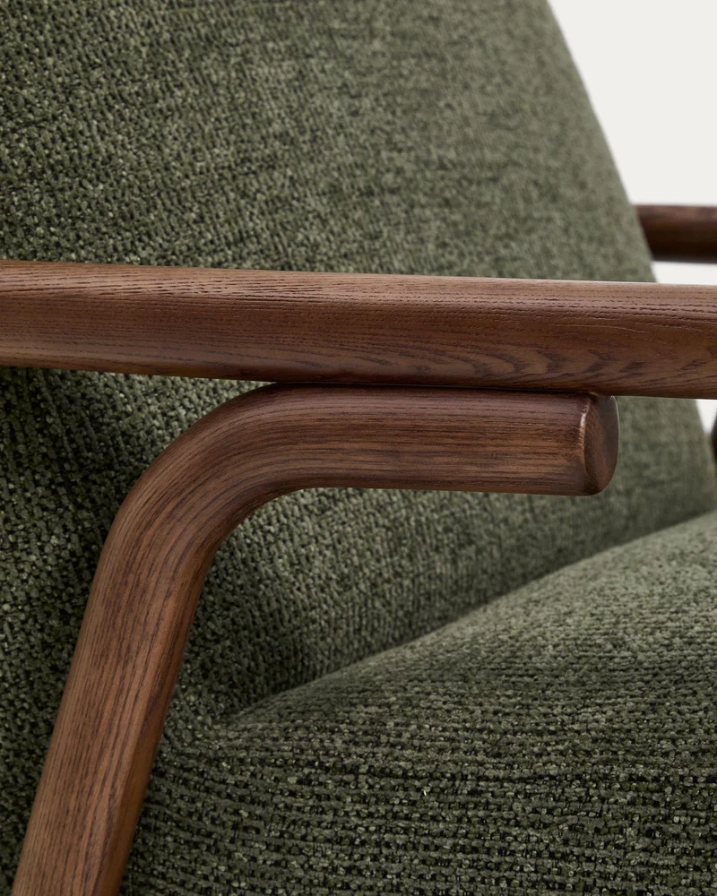 Sessel Sylo aus dunkelgrüner Chenille und massivem Eschenholz mit nussbaumfarbenem Finish,