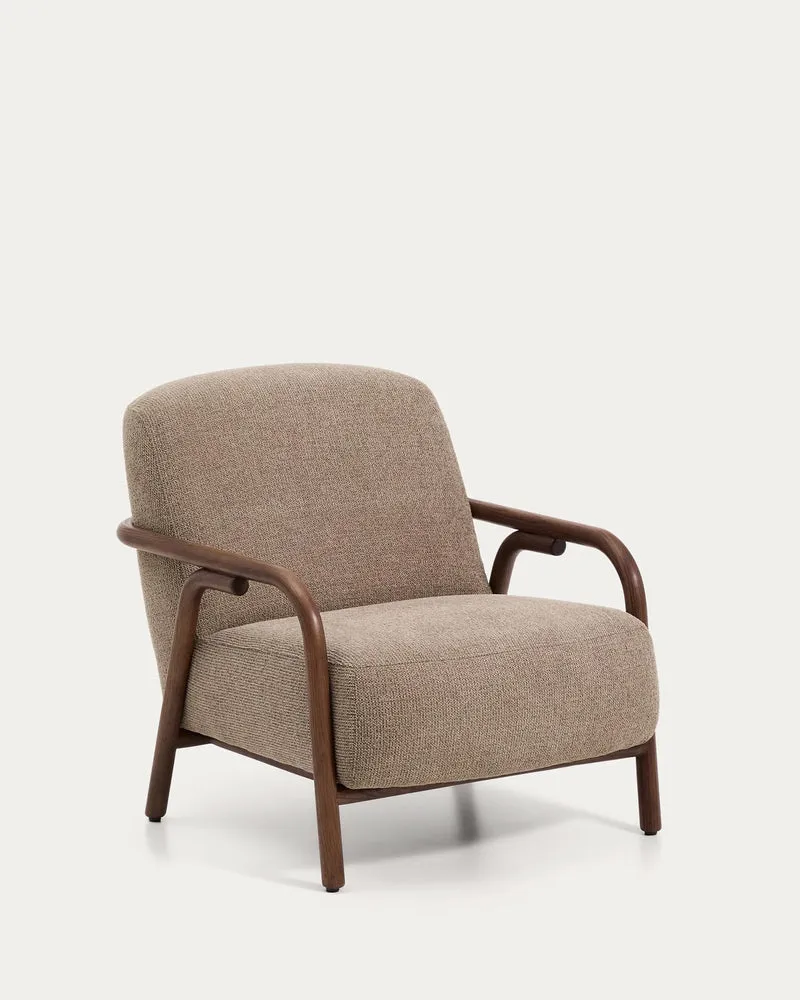 Sessel Sylo aus taupefarbener Chenille und massivem Eschenholz mit nussbaumfarbenem Finish