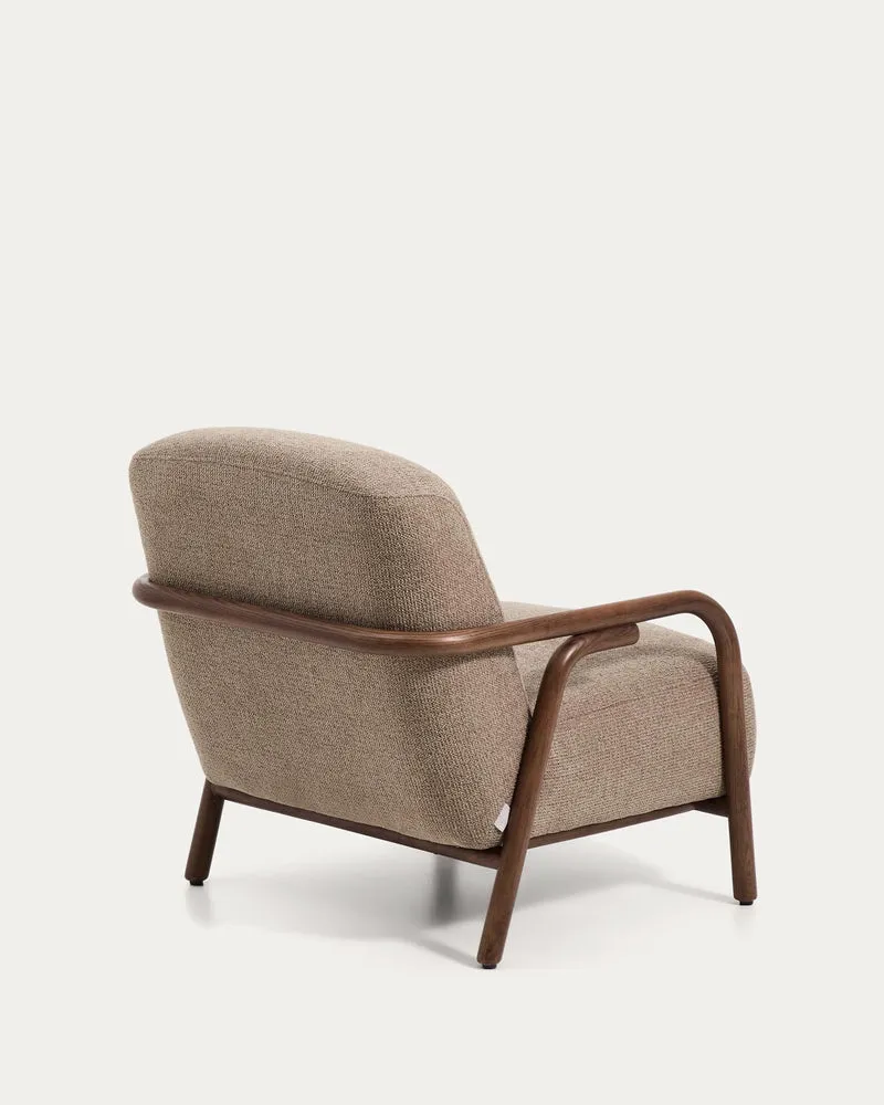 Sessel Sylo aus taupefarbener Chenille und massivem Eschenholz mit nussbaumfarbenem Finish