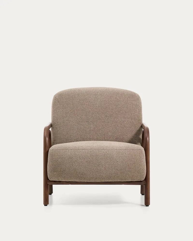 Sessel Sylo aus taupefarbener Chenille und massivem Eschenholz mit nussbaumfarbenem Finish