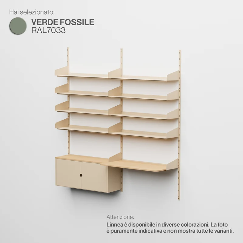 Linnea- Sistema Modulare a Parete con 8 mensole da 90 cm, modulo contenitore e scrivania sospesa, campata doppia - Verde Fossile (RAL7033)