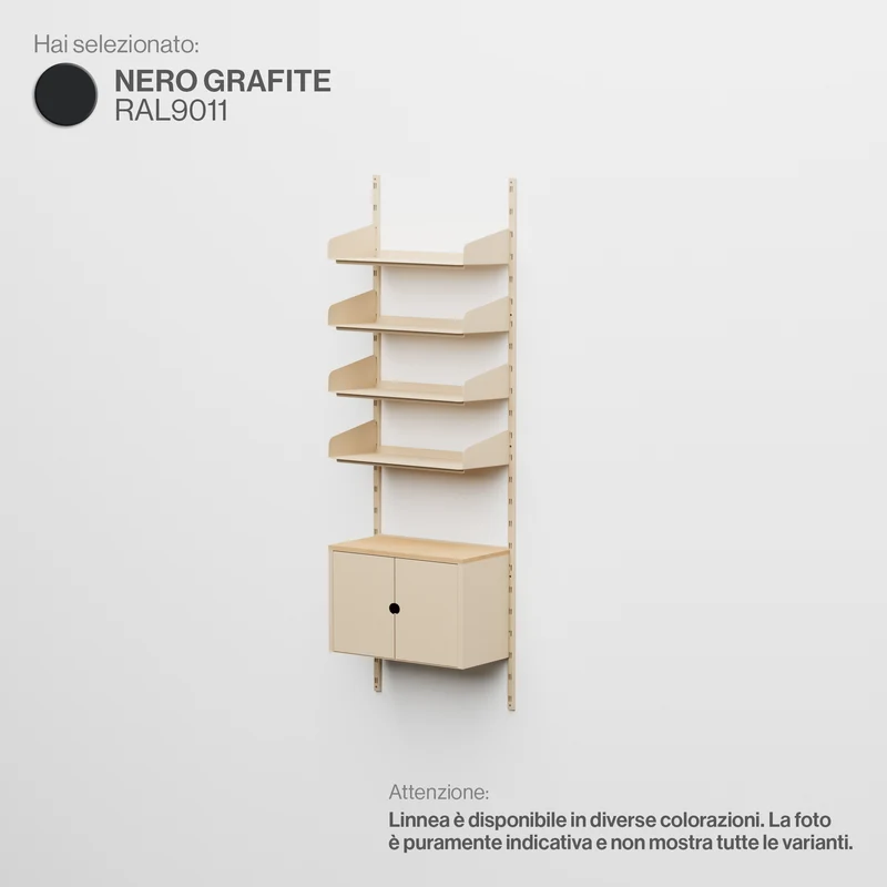 Linnea - Sistema Modulare a Parete - 4 Mensole 60 cm e Moduli Contenitore, Campata Singola - Nero Grafite (RAL9011)